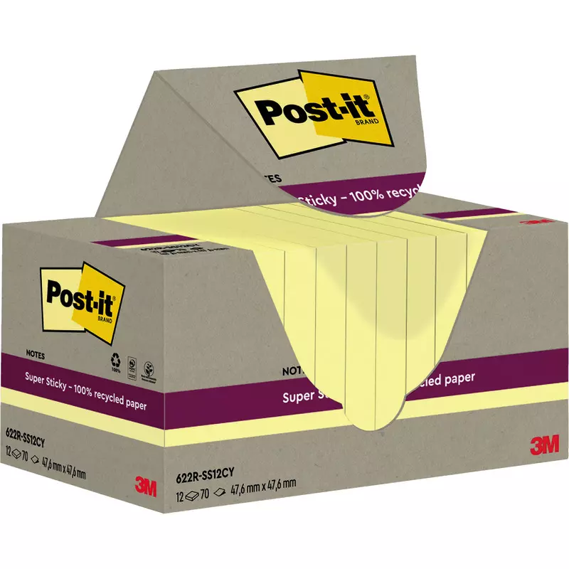Post-it® Super Sticky 100 % Recycling Notes, Gelb, 47.6 mm x 47.6 mm, 70 Blatt/Block, 12 Blöcke/Packung