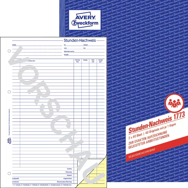 AVERY® Zweckform Stunden-Nachweis 1773, A4, selbstdurchschreibend, 2x40 Blatt