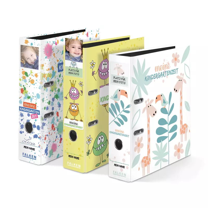 Falken - Kindergarten-Motivordner Kleckse DIN A4, Rückenbreite 8cm, schwarzer Innenspiegel, Griffloch - Sortierte Motive