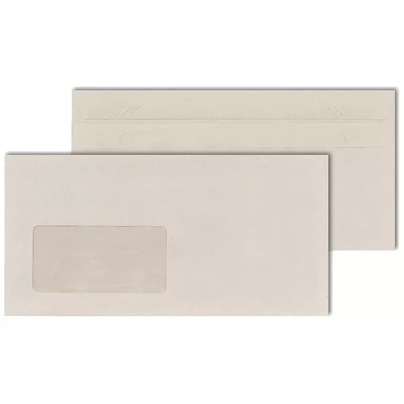 Briefumschlag DIN lang, 110 x 220 mm, Recycling, selbstklebend, grau, mit Fenster 45 x 90 mm, 75 g/m², Sicherheitsschlitze an der Klappe , Pack: 1.000 Stück