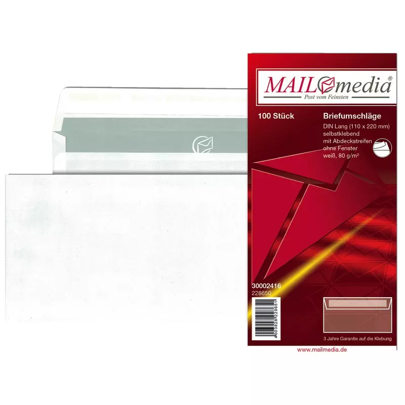 Briefumschlag DIN lang, 110 x 220 mm, haftklebend, weiß, 80 g/m², grauer Innendruck Pack: 100 Stück