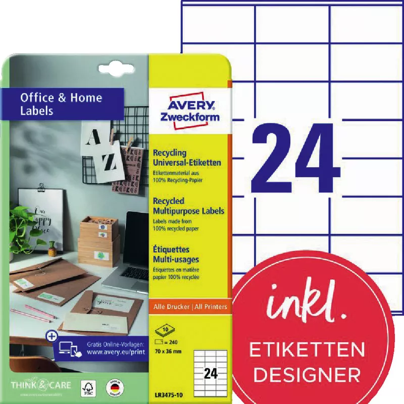 AVERY® Zweckform Recycling Universal-Etiketten LR3475-10, 10 Blatt 70 x 36 mm, Inkjet, Farblaser, Laser s/w, Kopierer, DIN A4, Pack: 240 Stück