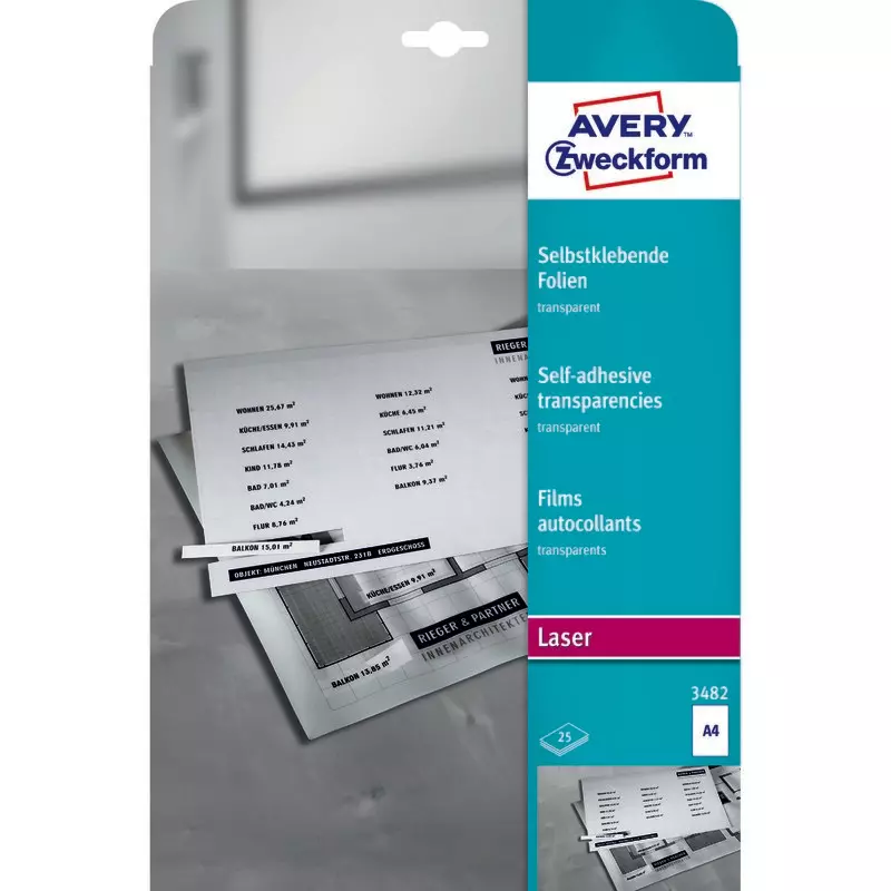 AVERY® Zweckform Transparente, selbstklebende Folien 3482, DIN A4, einseitig beschichtet, 25 Bogen