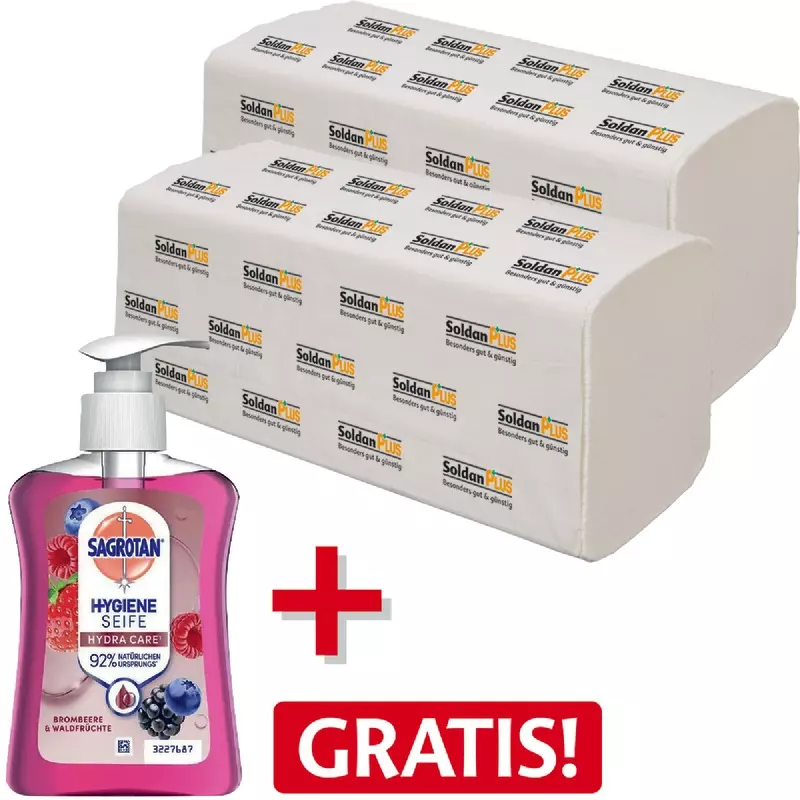 1 Karton SoldanPlus Falthandtücher, Zick-Zack-Falzung, Recyclingqualität, 2-lagig, naturweiß + 1 x Sagrotan Flüssigseife Brombeere & Waldfrüchte GRATIS