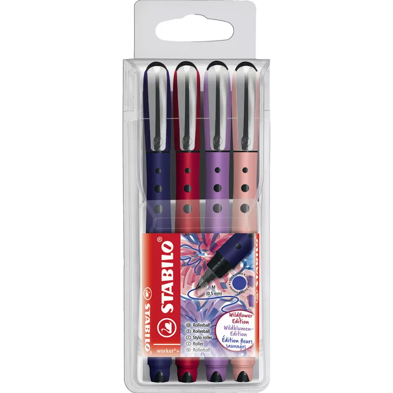 STABILO Tintenroller worker®+ NatureCOLORS Wildflower, 4er Etui farbsortiert, Strichstärke: 0,5 mm