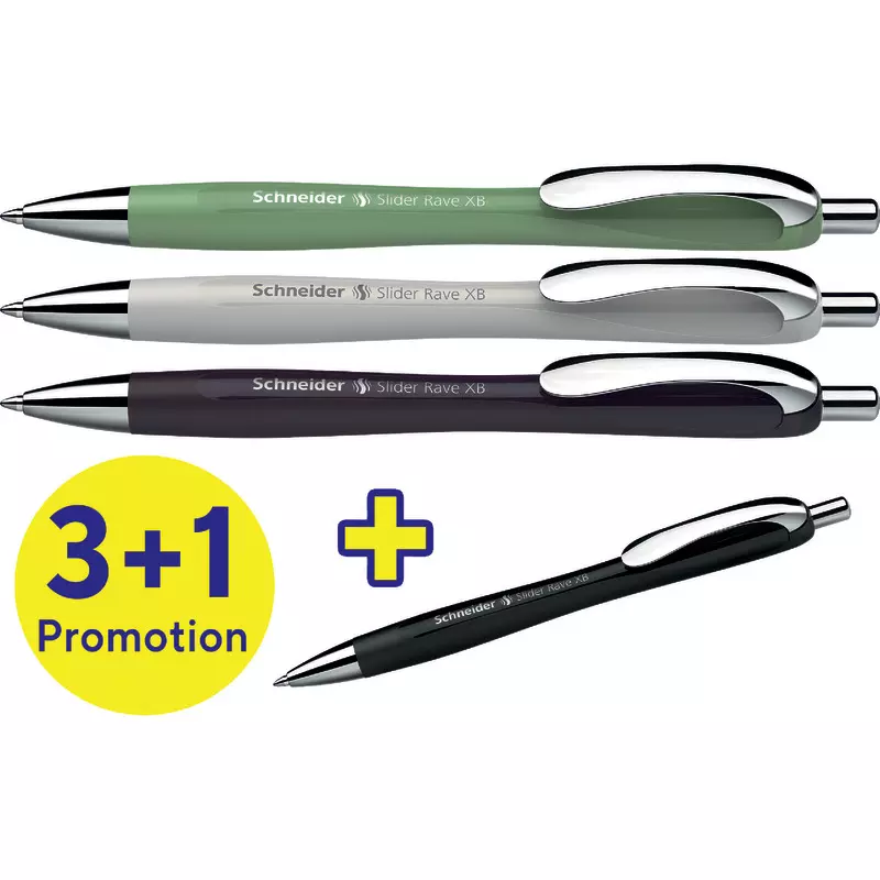 3+1 GRATIS! 4 SCHNEIDER Kugelschreiber Slider Rave XB Trend Edition, Schreibfarbe: blau