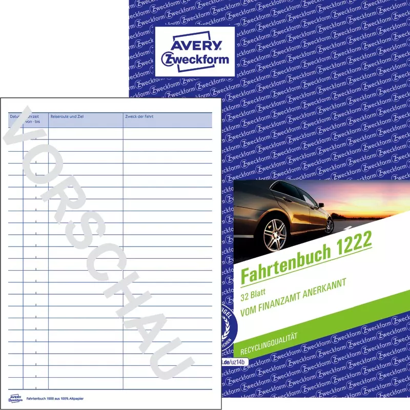 AVERY® Zweckform Fahrtenbuch 1222, für PKW, A5, Recycling-Papier, 32 Blatt