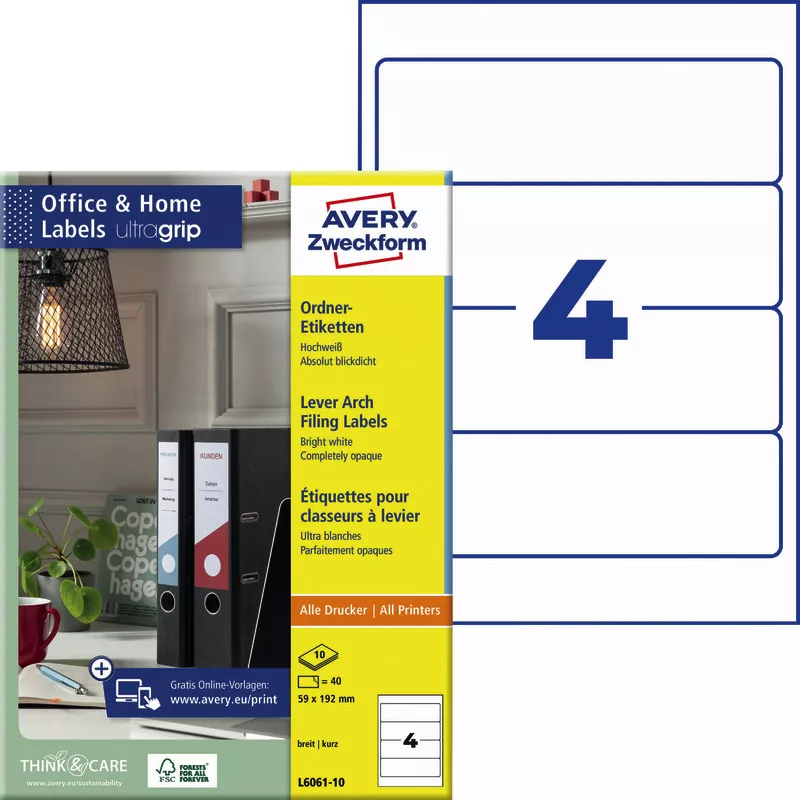 AVERY® Zweckform L6061-10 Ordnerrücken-Etiketten, 59 x 192 mm, 10 Bogen/40 Etiketten, weiß