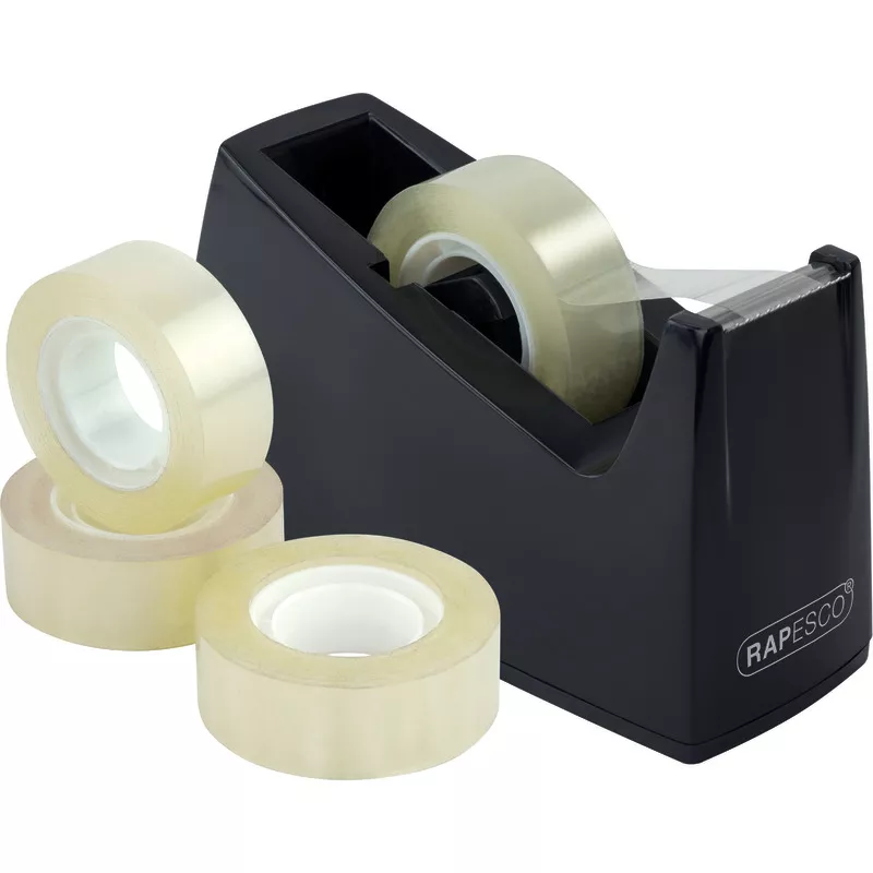 RAPESCO Klebebandabroller 1619 schwarz, inkl. 4 Klebefilmrollen (19 mm x 33 m)