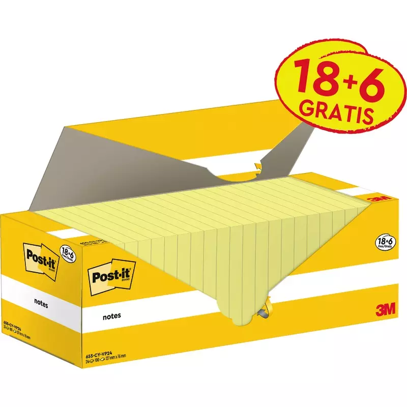 18 + 6 GRATIS! 24 Blöcke Post-it® Haftnotizen, 76 x 127 mm, gelb