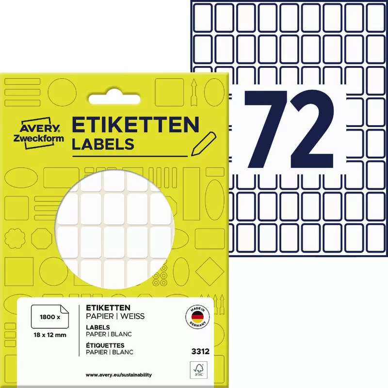AVERY® Zweckform Vielzweck Etiketten 3312, 18 x 12 mm, 25 Bogen/1.800 Etiketten, weiß
