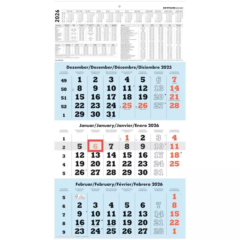 3-Monats-Wandkalender 2026, 29,7 x 57 cm, 3M/1S, blau ZETTLER 660167
