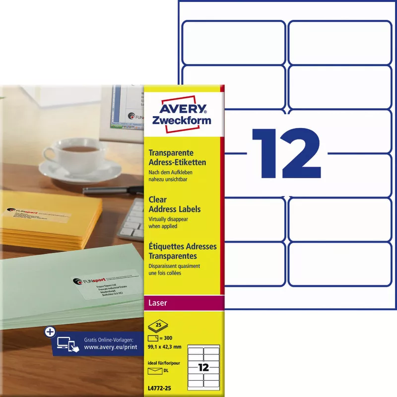 AVERY® Zweckform Adress-Etiketten L4772-25, transparent, B x H: 99,1 x 42,3 mm, Pack: 300 Stück