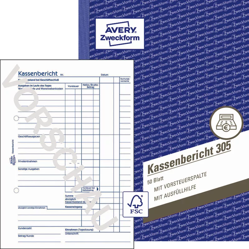 AVERY® Zweckform Kassenbericht 305, A5, 50 Originale, 50 Blatt