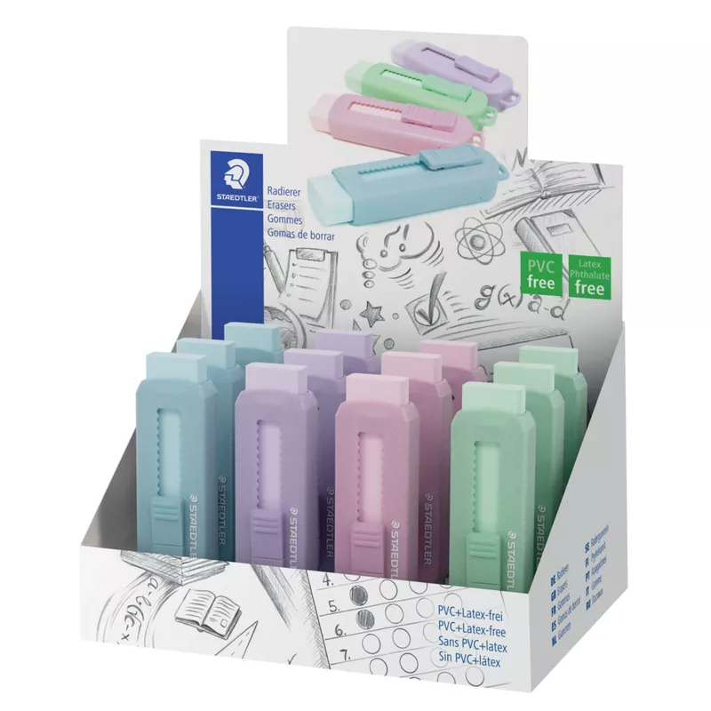 Radierer in Schiebehülle pastell sortiert   im Display STAEDTLER 525 PS1P-S