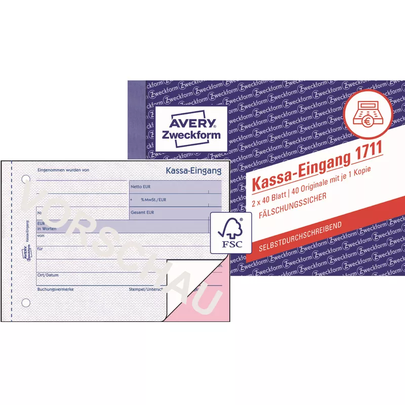 Avery Zweckf. Kassa- Eingangsbuch A6 quer 2fach