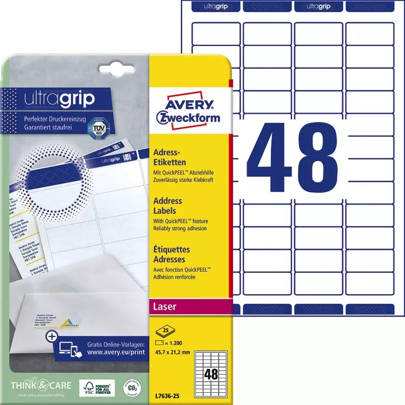 AVERY® Zweckform L7636-25 Adress-Etiketten, 45,7 x 21,2 mm, 25 Bogen/1.200 Etiketten, weiß