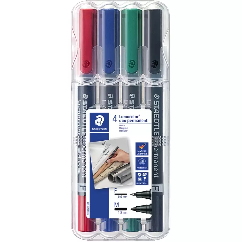STAEDTLER Permanentmarker Lumocolor® duo 384 F, Etui mit 4 farbsortierten Stiften