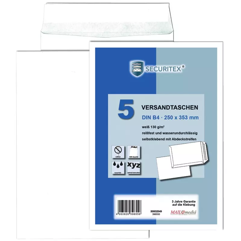 SECURITEX Versandtasche DIN B4, ohne Fenster, weiß, Pack: 5 Stück