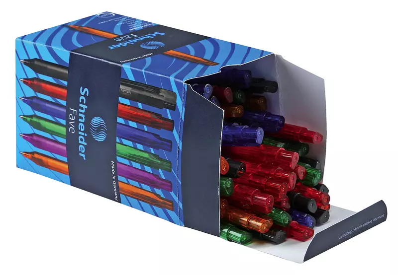 SCHNEIDER Druckkugelschreiber FAVE, Box mit 50 farbsortierten Stiften, blauschreibend