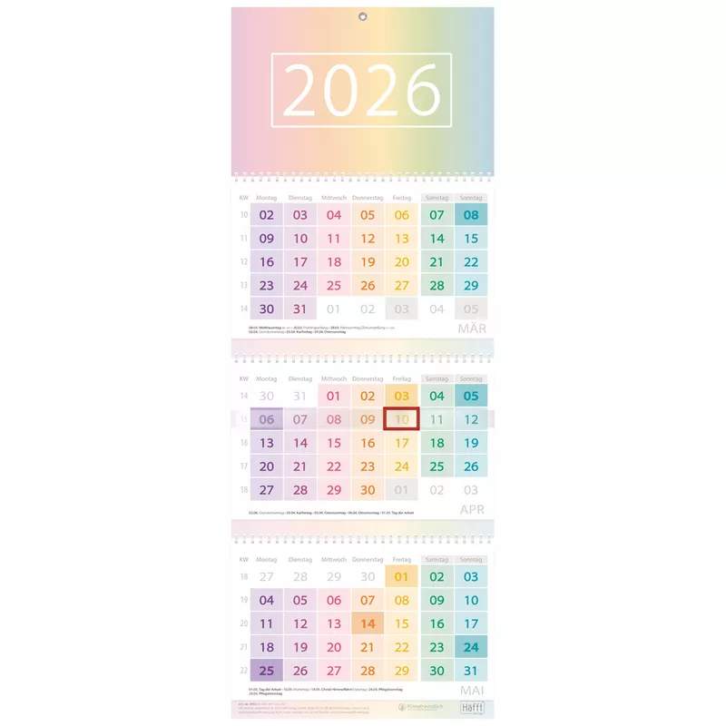 3-Monats-Wandkalender Rainbow 2026, 79,5 x 29,5 cm, 3M/1S HÄFFT 9992-4
