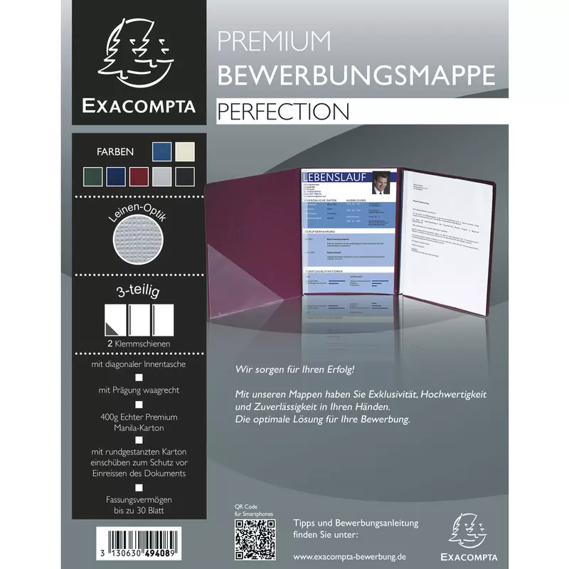 Bewerbungsmappe aus Colorspan-Karton 400g/qm mit Leinenoptik, Serie Perfection, 3-teilig mit 2 Klemmschienen und Innentasche, DIN A4 - Bordeauxrot