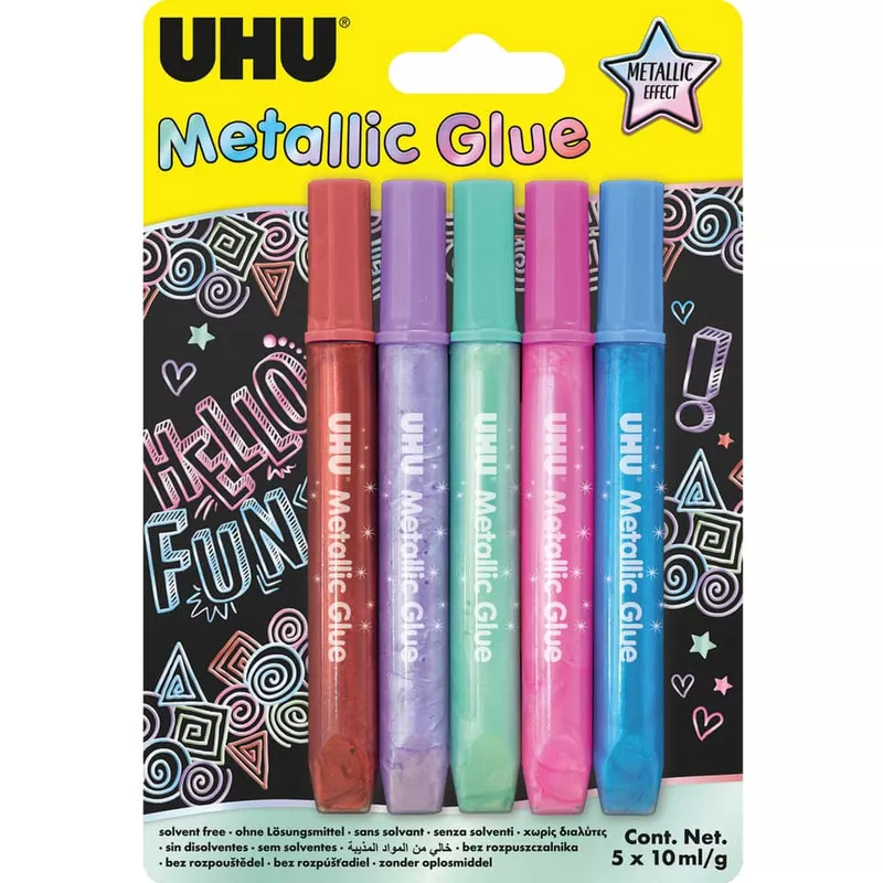 Bastelkleber Metallic Glue, ohne Lösungsmittel, 5 x Stift/Tube mit je 10g UHU 47305 / 47306