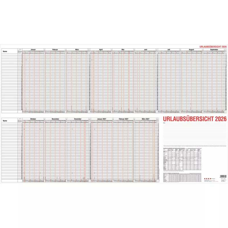 Urlaubsübersicht 2026 für 40 Mitarbeiter - 98,5cm x 60cm GÜSS 12-30V