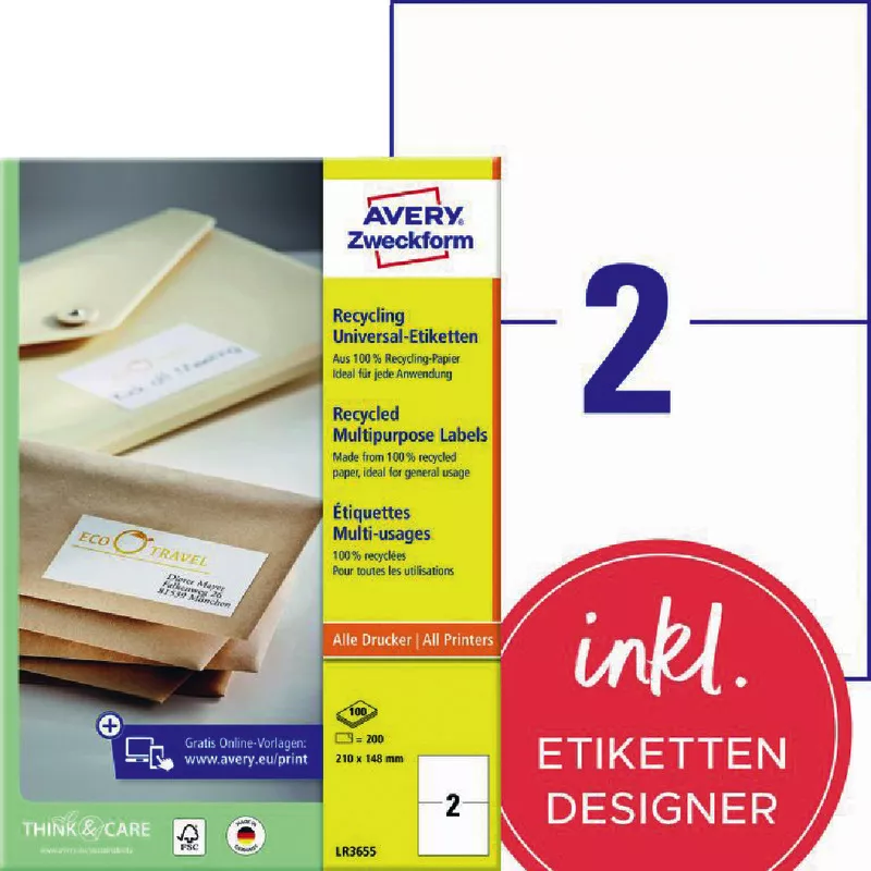AVERY® Zweckform LR3655 Recycling Universal-Etiketten, 210 x 148 mm, 100 Bogen/200 Etiketten, naturweiß