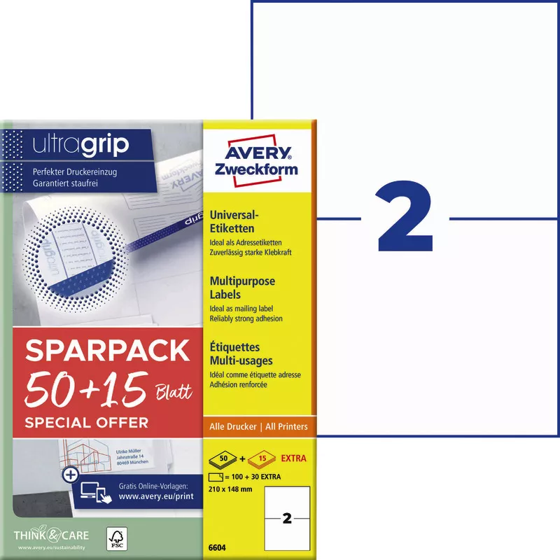 Avery Zweckform 6604, Universal-Etiketten, A4, Qualitätsdruck mit: ultragrip, 210 x 148 mm, 130 Etiketten / 65 Bögen, Weiß
