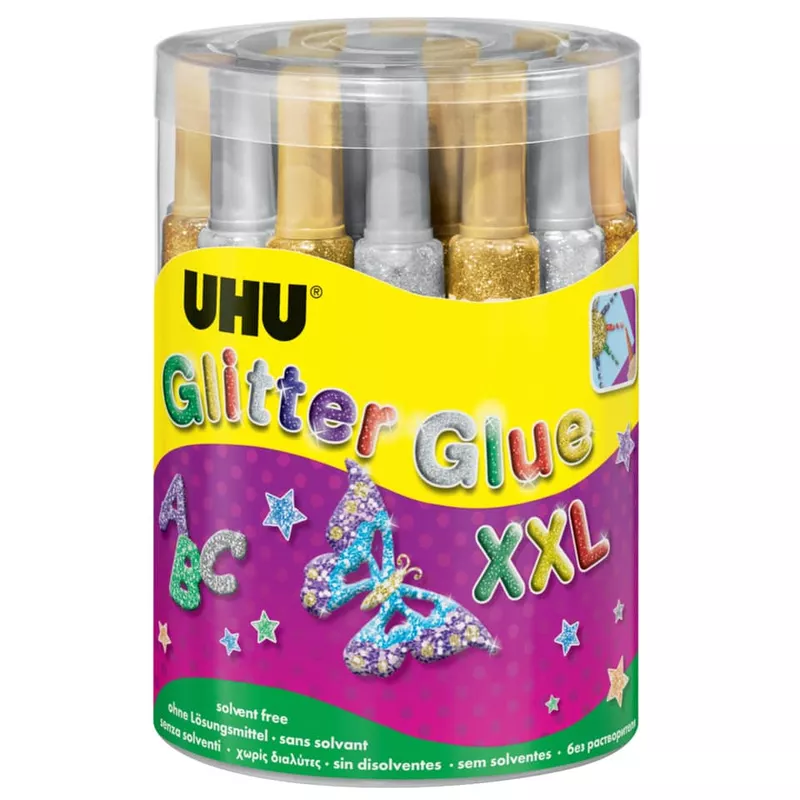 Glitterglue YOUNG CREATIV ORIGINAL, 24 Tuben á 20 ml, gold/silber UHU 39021