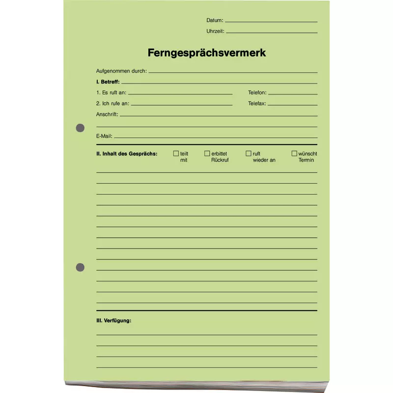 SoldanPlus Ferngesprächsvermerk, DIN A5 hoch, grün