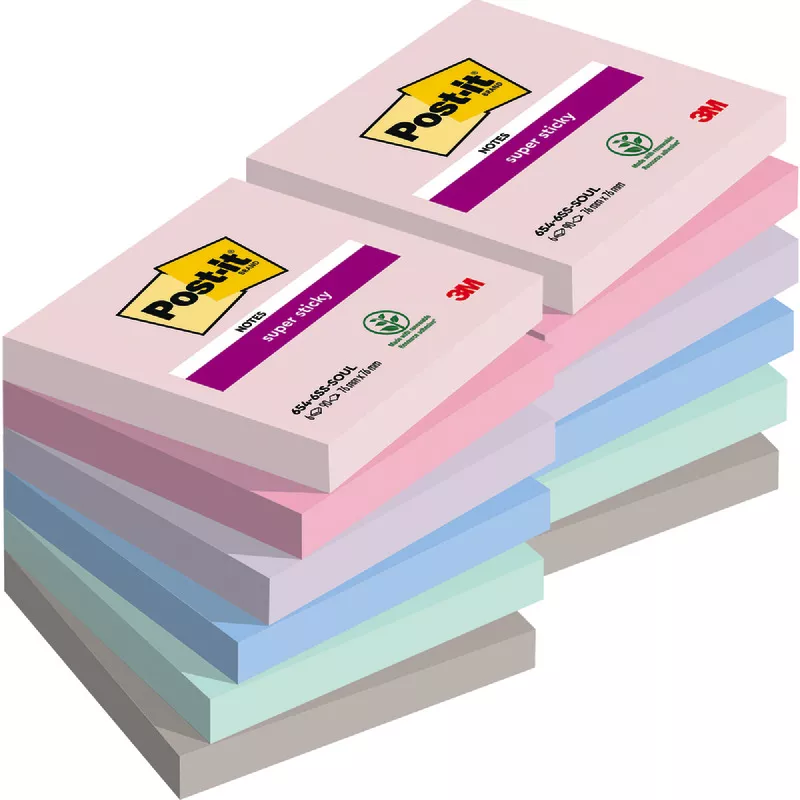 Spar-Set! 2 x 6 Blöcke Post-it® Haftnotizen Super Sticky Notes 76 x 76 mm, farbsortiert