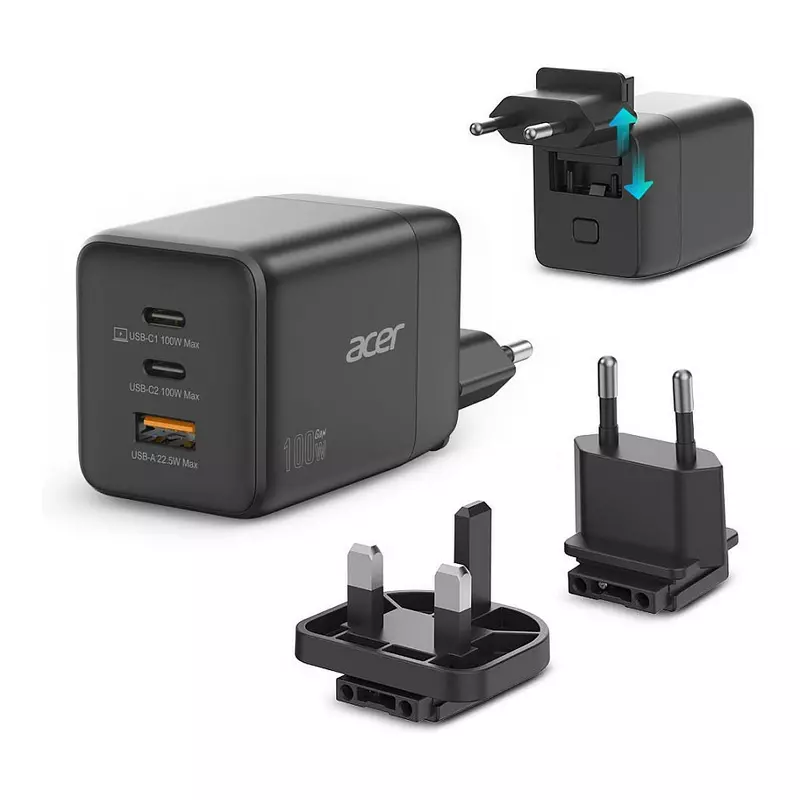Acer GaN 100w 2 x USB-C + 1x USB-A ports. black