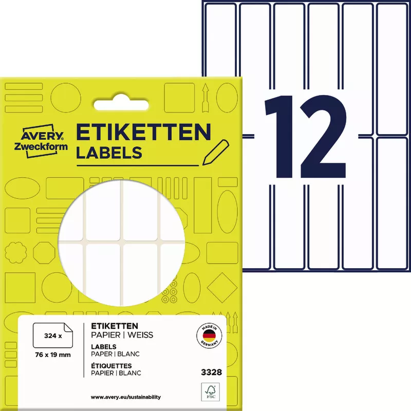 AVERY® Zweckform Universal-Etiketten 3328, 76 x 19 mm, 27 Bogen/324 Etiketten, weiß