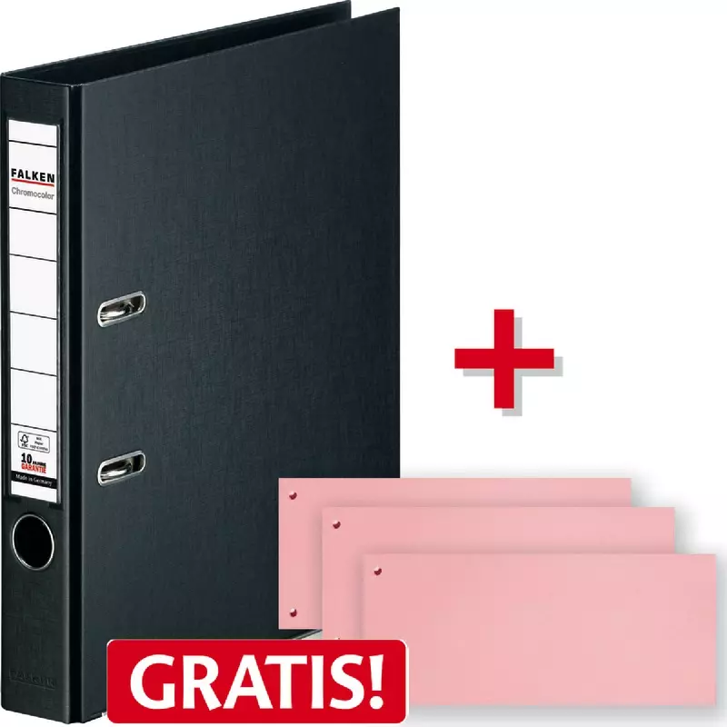 AKTION! 10 FALKEN Chromocolor-Voll-PP-Ordner A4, 50 mm, schwarz + 200 Trennstreifen rosa