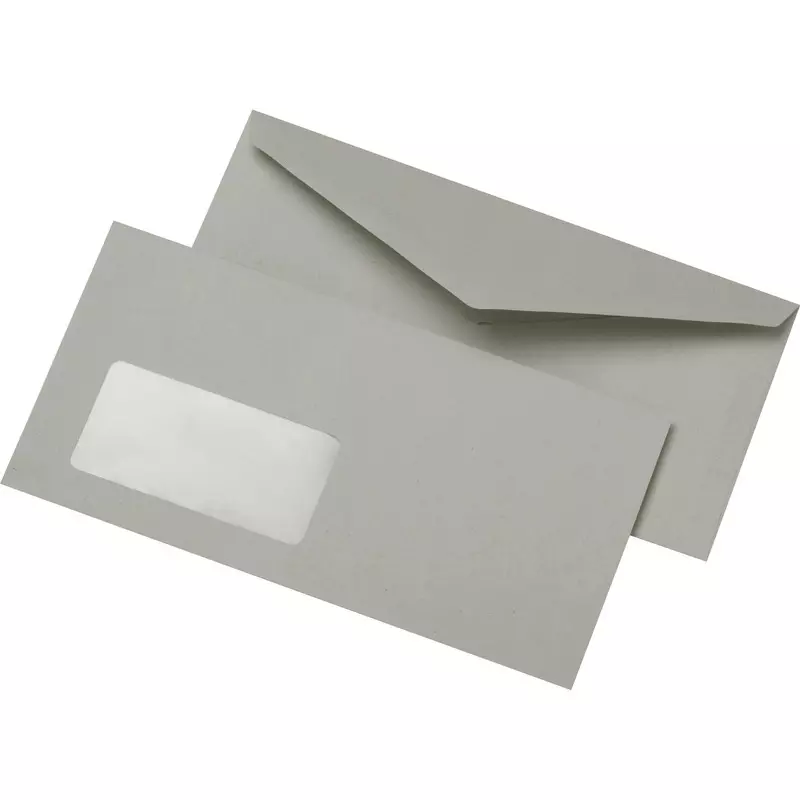 Briefumschlag DIN lang, 110 x 220 mm, Recycling, nassklebend, grau, mit Fenster 45 x 90 mm,75 g/m², spitze Klappe, Pack: 1.000 Stück