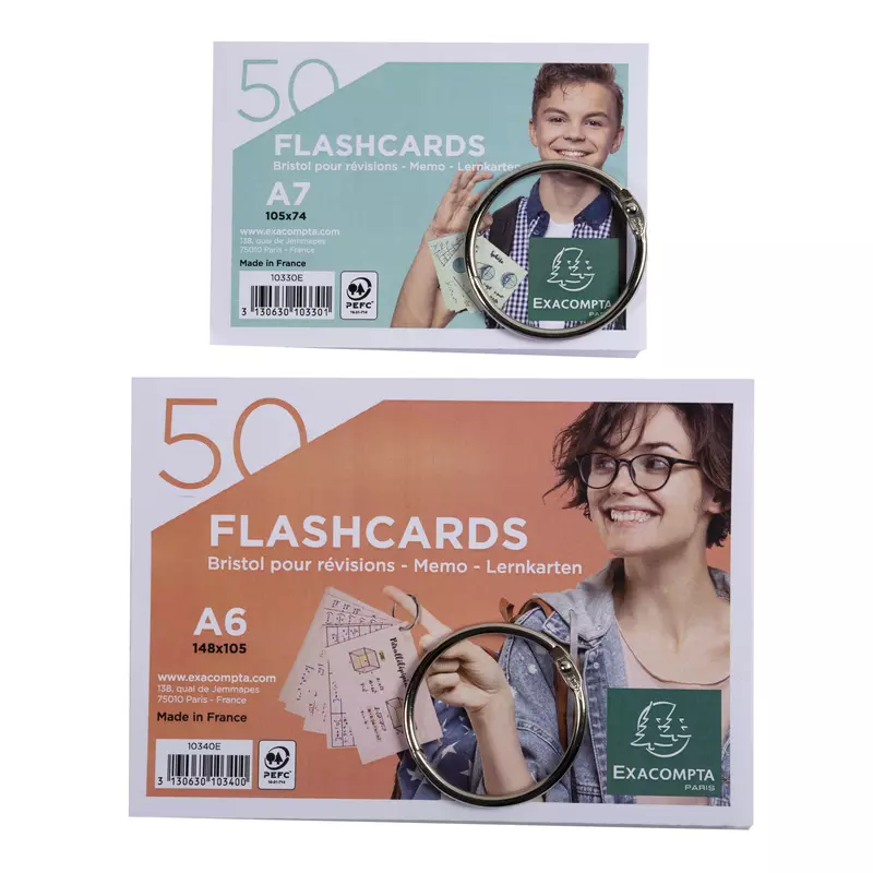 Exacompta, Flashcards/Lernkarten, Display mit 38 x 50 Flashcards+Ring, eingeschweißt, liniert, A6 und A7 - Farben sortiert