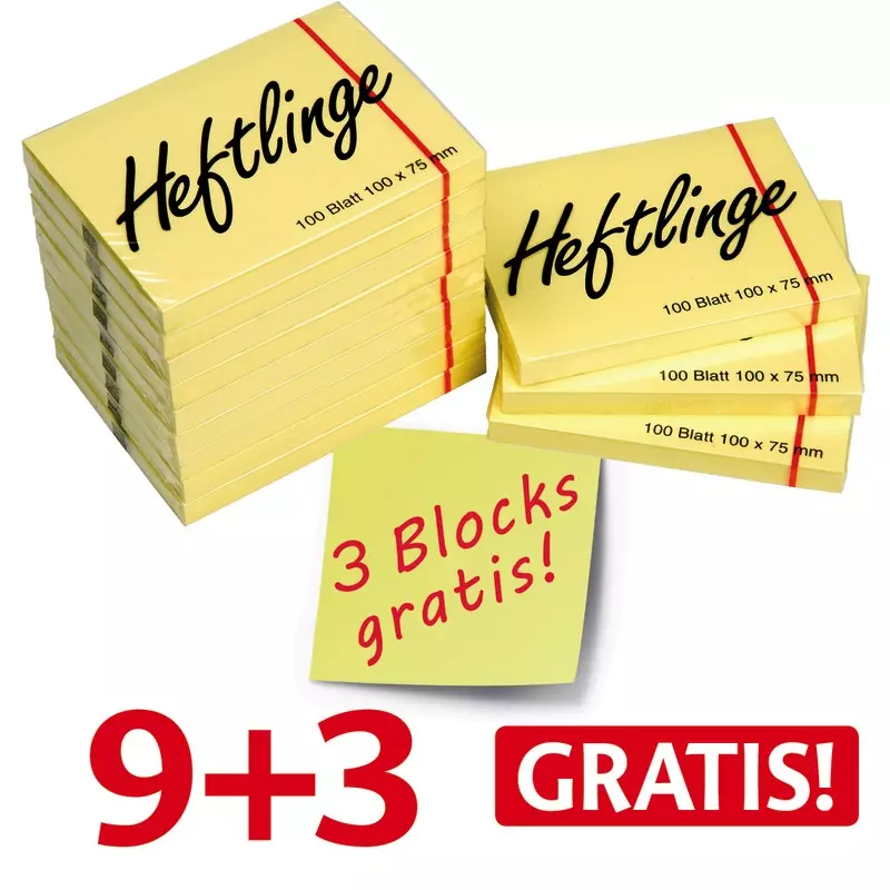 9 + 3 GRATIS! 12 Blöcke Haftnotizen 100 x 75 mm, gelb, Block: 100 Blatt