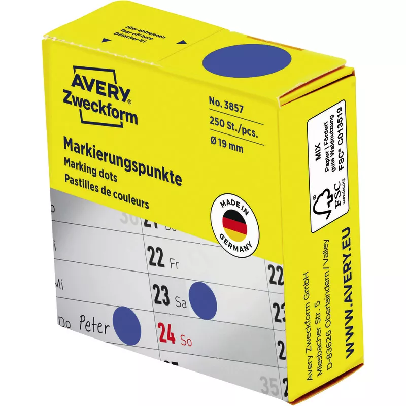 AVERY® Zweckform 3857 Markierungspunkte, Ø 19 mm, 1 Rolle/250 Etiketten, blau