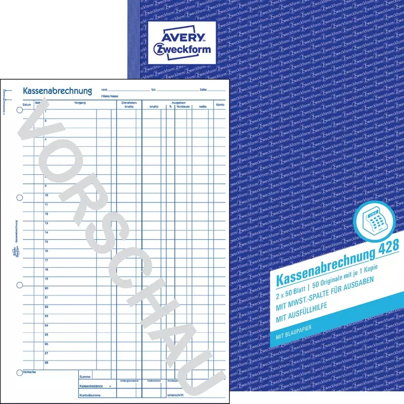 AVERY® Zweckform Kassenabrechnung 428, MwSt.-Spalte für Ausgaben, A4, mit Blaupapier, 2x50 Blatt