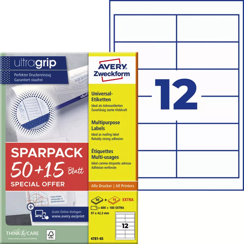 Avery Zweckform 4781-65, Universal-Etiketten, A4, Qualitätsdruck mit: ultragrip, 97 x 42,3 mm, 780 Etiketten / 65 Bögen, Weiß