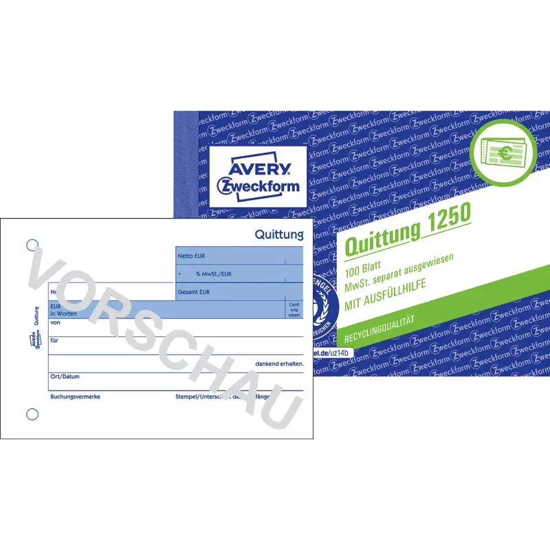 AVERY® Zweckform Quittung 1250 MwSt. separat ausgewiesen, A6 quer, Recycling-Papier, 100 Blatt