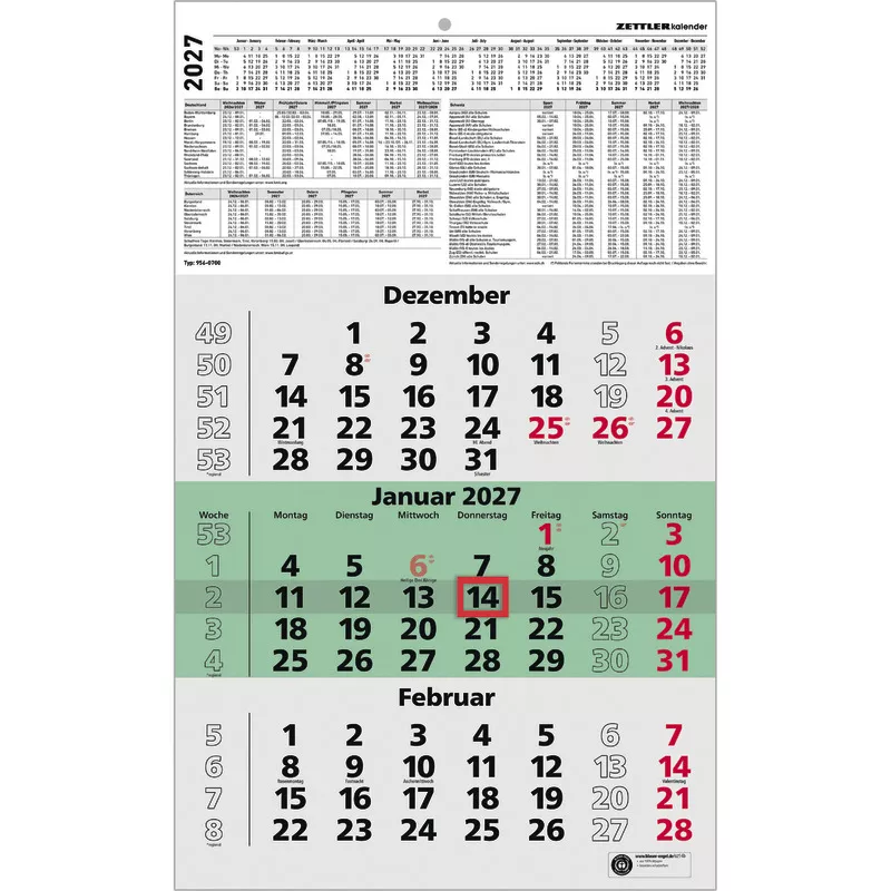 ZETTLER Drei-Monats-Wandkalender 2027, Recyclingpapier