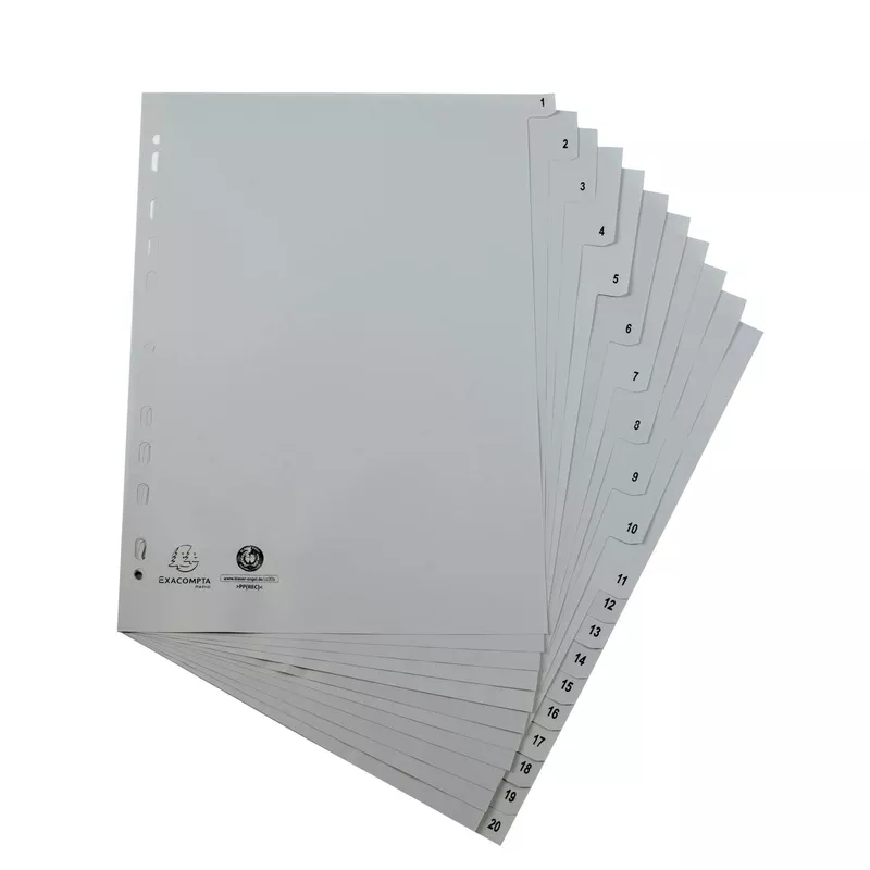 Register A4 aus grauem Recycling-PP 120µ, mit bedruckten Taben 1-20, 20 Positionen - Grau