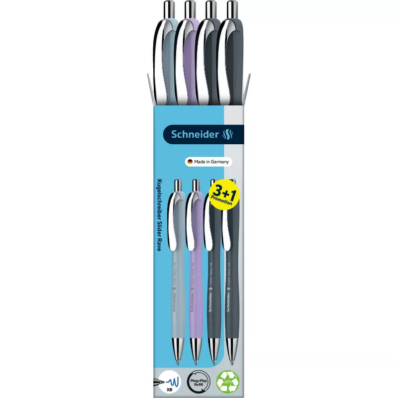 3+1 GRATIS! 4 SCHNEIDER Kugelschreiber Slider Rave XB Trend GREY, Schreibfarbe: blau