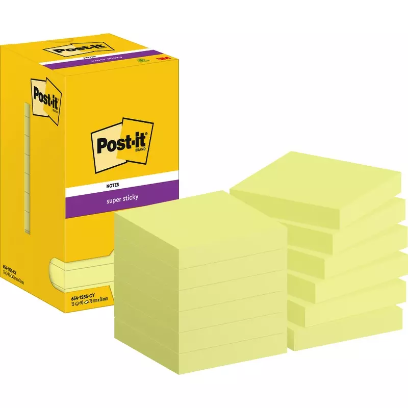 Post-it® Super Sticky Notes, Gelb, 76 mm x 76 mm, 90 Blatt/Block, 12 Blöcke/Packung, Kartonverpackung