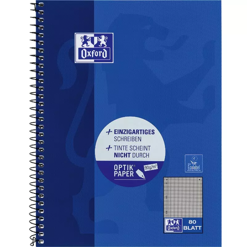 Oxford A5+ Collegeblock, kariert mit Rand links, 80 Blatt, Optik Paper®, Spiralbindung, 4-fach gelocht