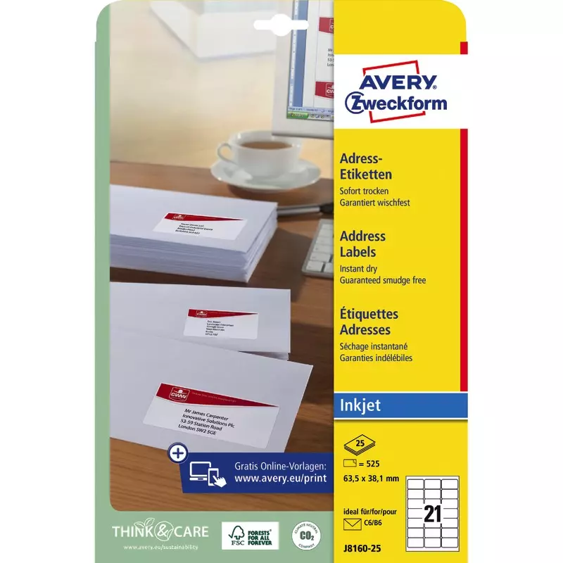 AVERY® Zweckform Adress-Etiketten J8160-25, weiß, B x H: 63,5 x 38,1 mm, Pack: 525 Stück