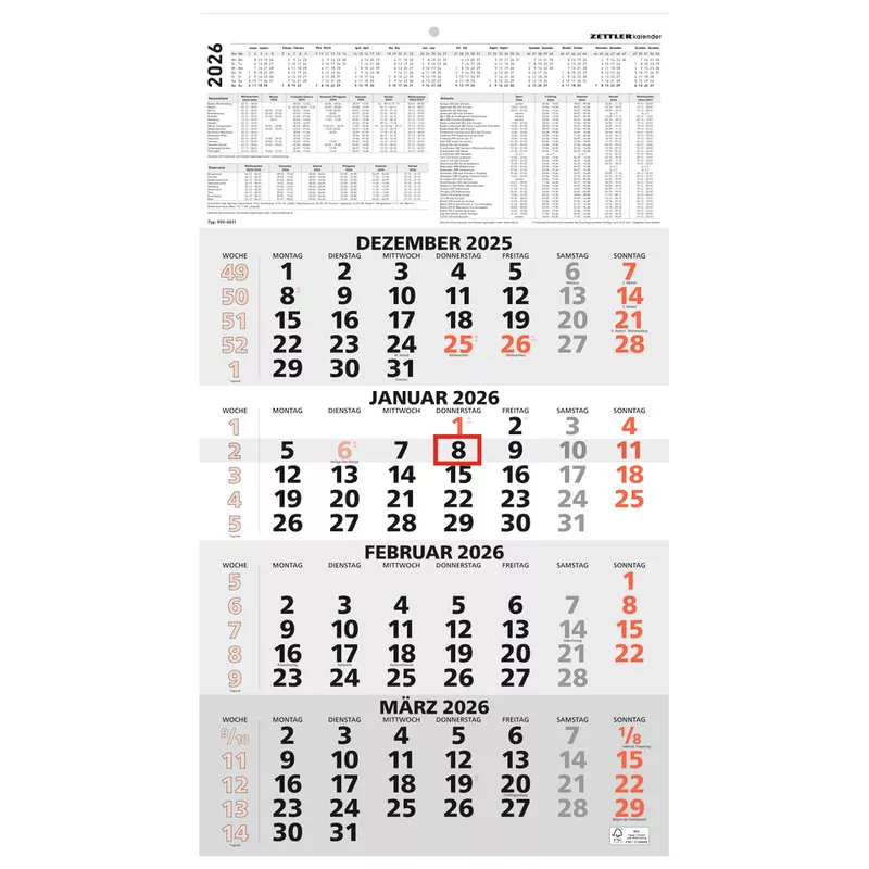 4-Monats-Wandkalender 2026, 33 x 59 cm, 4M/1S, rot ZETTLER 660168